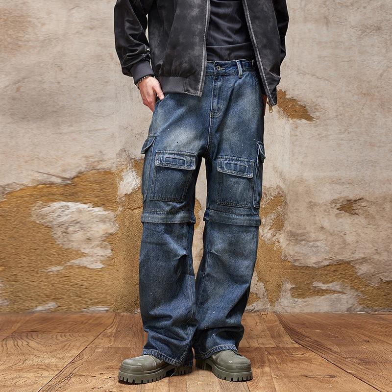 

Американский хай-стрит Сплайсинг Многокарманные Джинсы широкие брюки Мужские Свободные Прямые Драпирующиеся 38 синий
