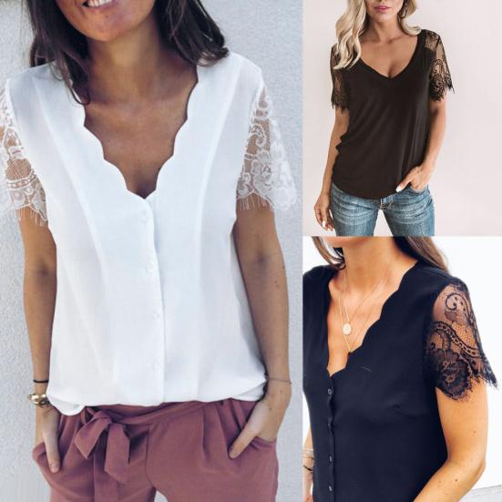 

Сексуальная женская Свободная футболка с рифленым V-образным вырезом и кружевными пуговицами с короткими рукавами