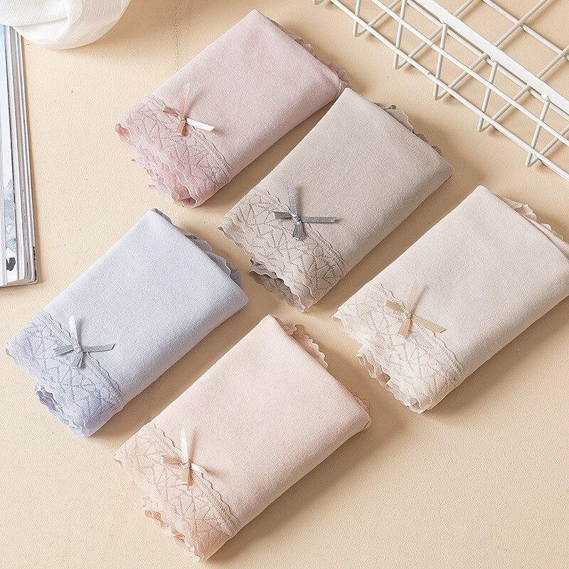 5Pcs Women's Cotton Panties Breathable Lingerie Cute Bow Girls Briefs Mid Waist Intimates