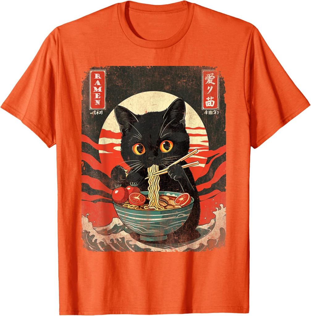 Black Cat Eating Ramen Japanese Style Graphic Tee Men Casual Short Sleeve T-Shirt