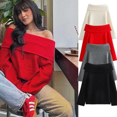 Women's Off Shoulder Sweaters Long Sleeve Oversized Ribbed Knit Going Out Spring Fall Tops Blouse Trendy Loose Pullover Sweaters Tops for Women