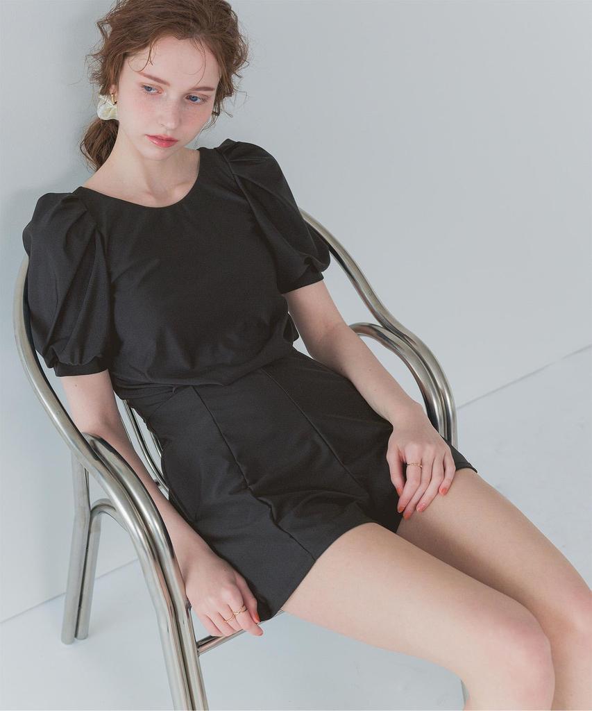 Seedless DFXM0595 Women's Back-Open Puff Sleeve All-in-One Swimsuit, Black, Size Small