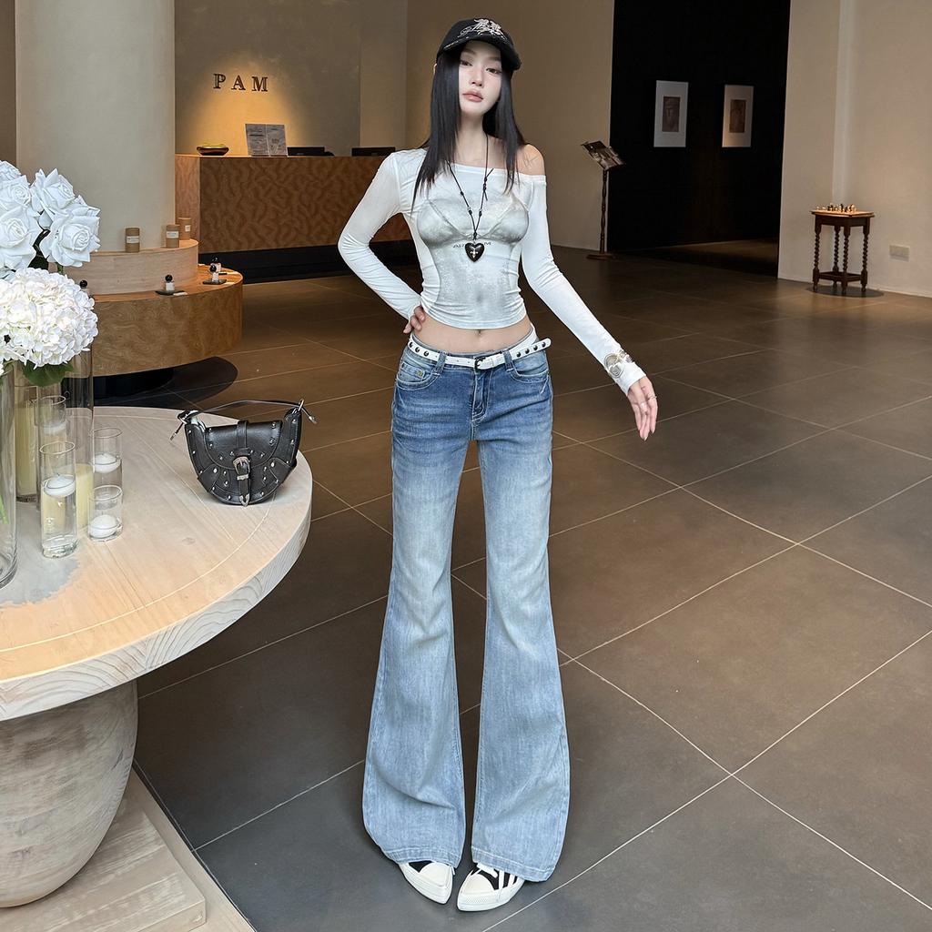 American low-rise hot girl feng shui washing cat whiskers gradual change color slim slim slim retro micro pull jeans women