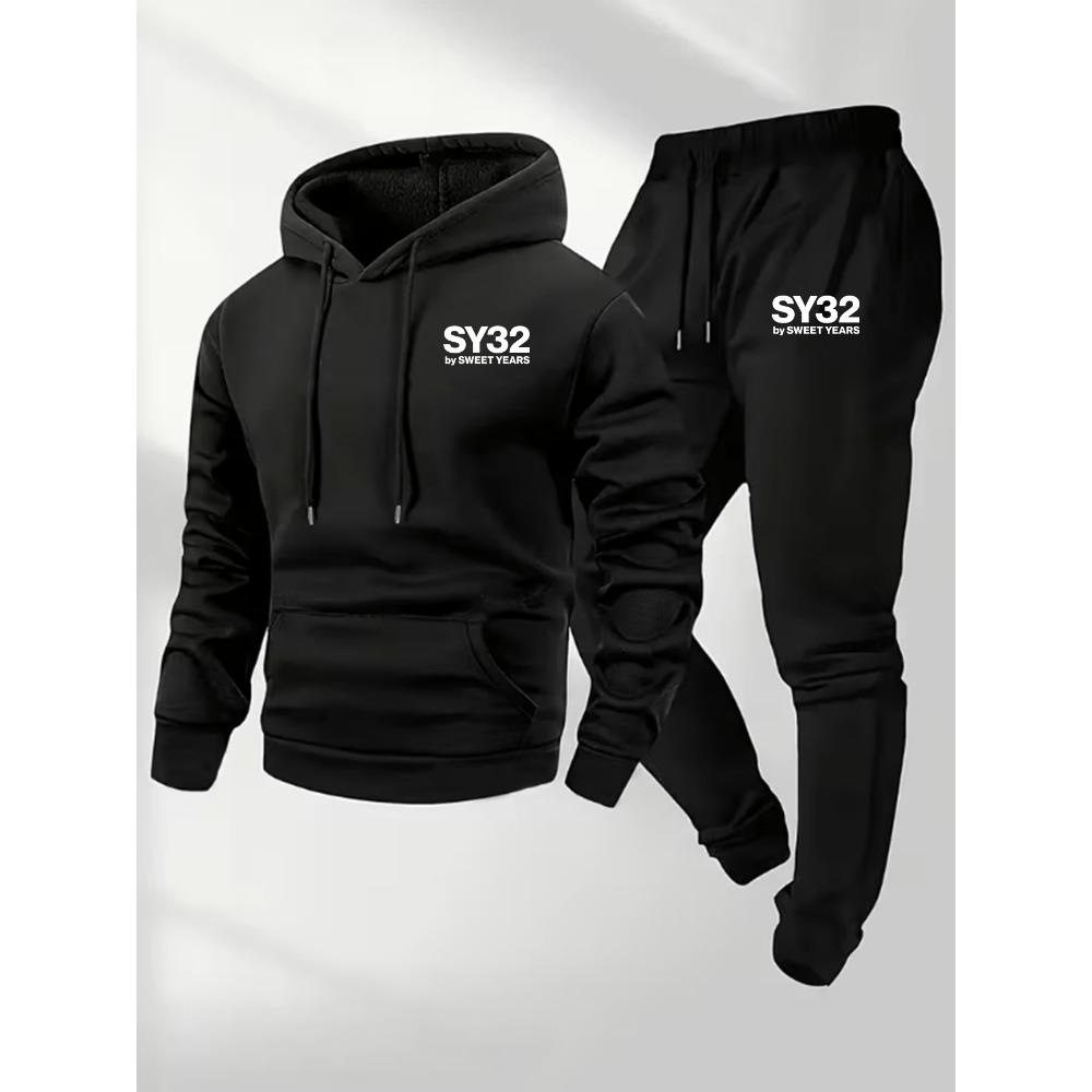 

Men S Thickened Fleece And Sweatpants Set for Autumn And Winter, Made from Knitted Polyester Fabric, Featuring Letter Pattern Print Set XXL