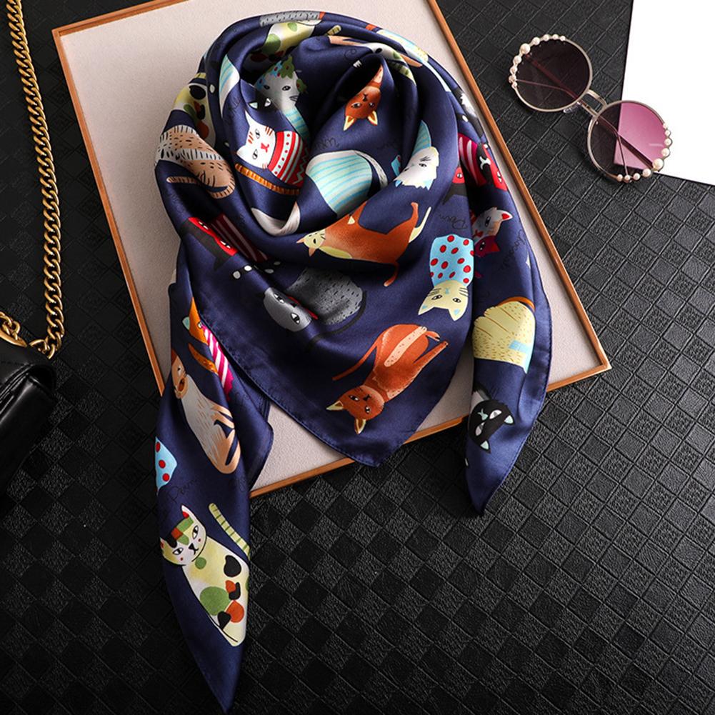 Women Silk Ladies Fashion Scarves Gift Scarf Cat Retro Wrap Print and Square