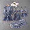Spring and Autumn New Golden Velvet Pajamas Women's Sexy Long-sleeved Suspender Pajamas Four-piece Set with Chest Pads Korean Version Loungewear
