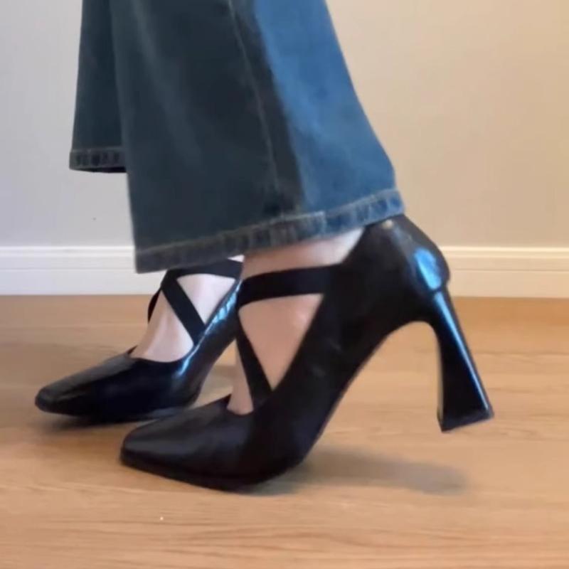 Fashion 2025 Spring and Summer New Cross Elastic Band Retro Thick Heel Mary Jane One Foot High Heels Women Singles Pointed Ballet Shoes