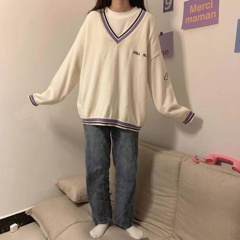 Winter College Style V-neck Sweater Bottoming Sweater Female Loose Long-sleeved Pullover Student Mid-length Hooded Kintwear