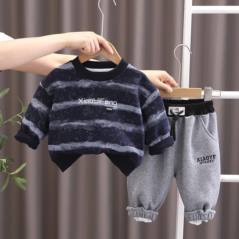 

Комплект из 2 предметов с длинным рукавом для мальчиков 0-5 лет, Детский полосатый худи с круглым вырезом + длинные брюки, Повседневная одежда для мальчиков S темно-синий