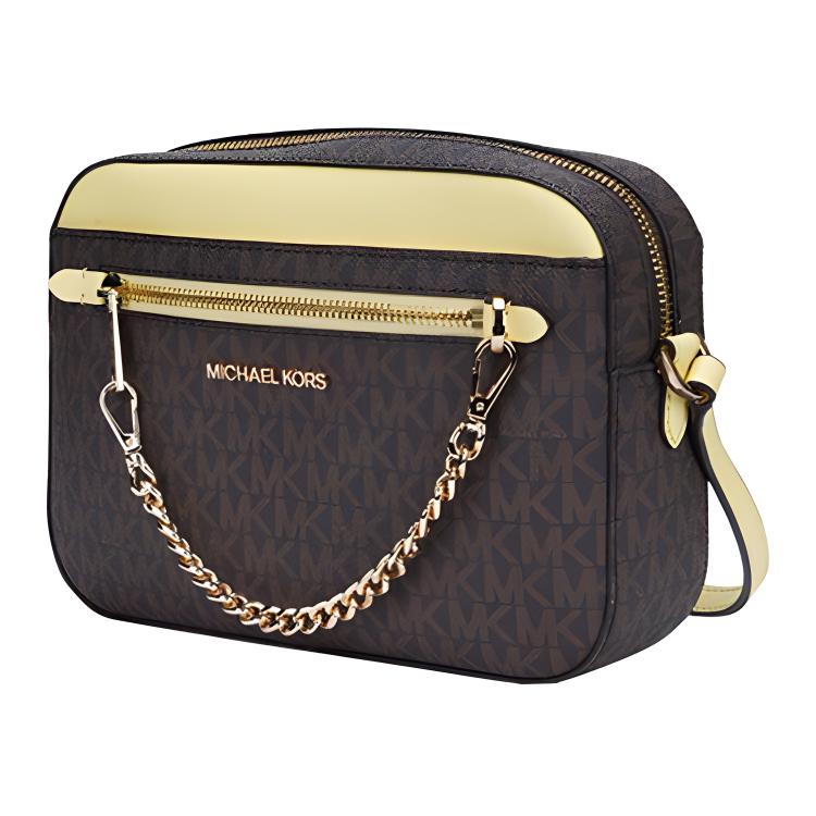 Michael Kors MK Jet Set Monogram Logo Chain PVC And Leather Shoulder Bag Women shoulder bag Yellow Acorn-Brown 35S1GTTC9B-BUTTE