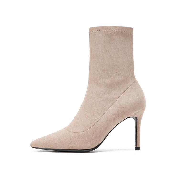 2025 Autumn and Winter New Short Boots Women's High Heel Thin Heel Pointed Black Elastic Thin Boots Versatile Internet Celebrity Medium Single Boots