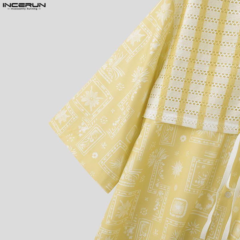 INCERUN Herren Reverskragen Kurzarm Floral Print Splicing Spitze Lässige Lockere T-Shirts Hemden