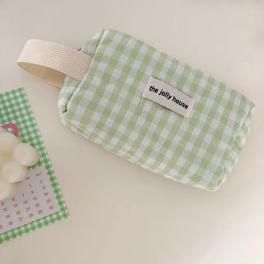 Pink And Green Plaid Makeup Bag With Breathable Polyester For Travel And Daily Use