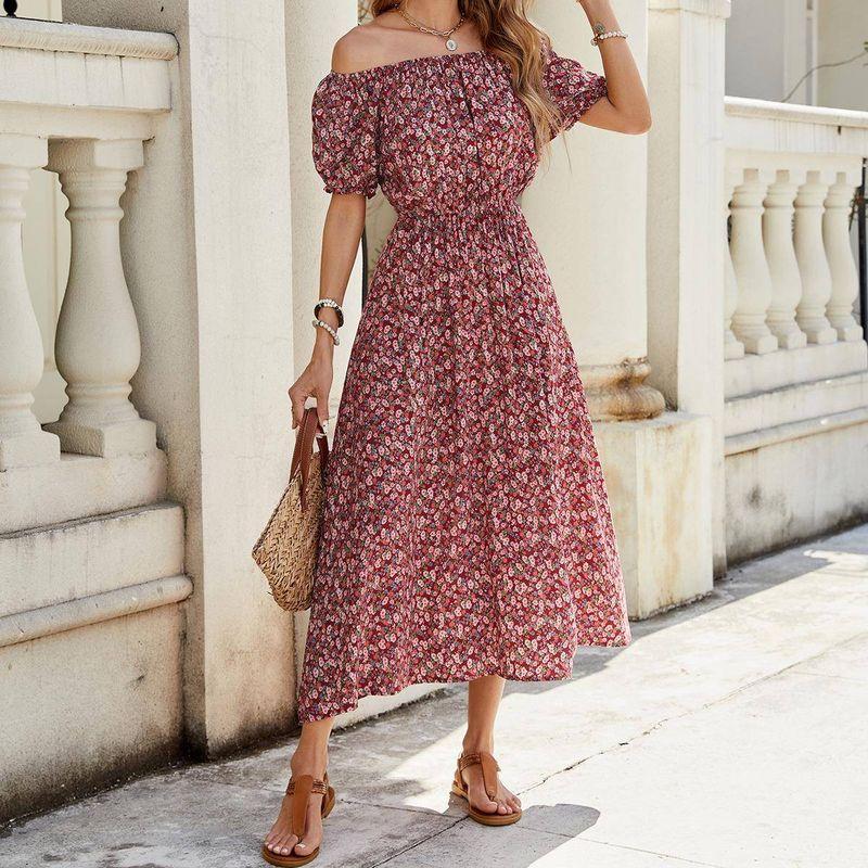 

Fashion Export Amazon 2025 Spring/Summer New Arrival Floral off-Shoulder Short Sleeve Dress Holiday Cinched Swing Dress Image color S