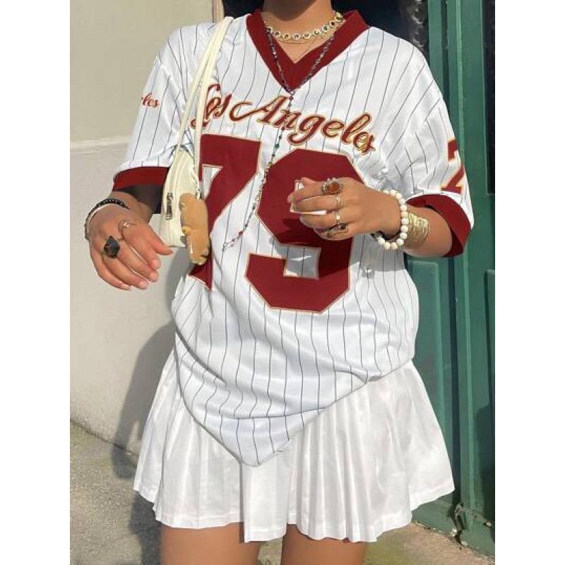 GlowGir Summer New Los Angeles 79 Print Stripe T-shirt for Women V-Neck Short Sleeve Tees Sports Football Jersey Y2K Loose Oversized Top