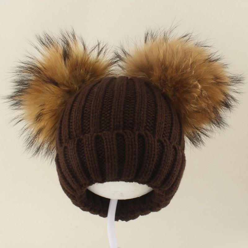 Kids Warm Knitted Beanie Hat With Double Pom Poms Striped Roll Edge Unisex Winter Cap Toddlers Children