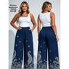 Women Wide Leg Pants Watercolor Big Floral Print Elastic Drawstring Casual Loose Trousers