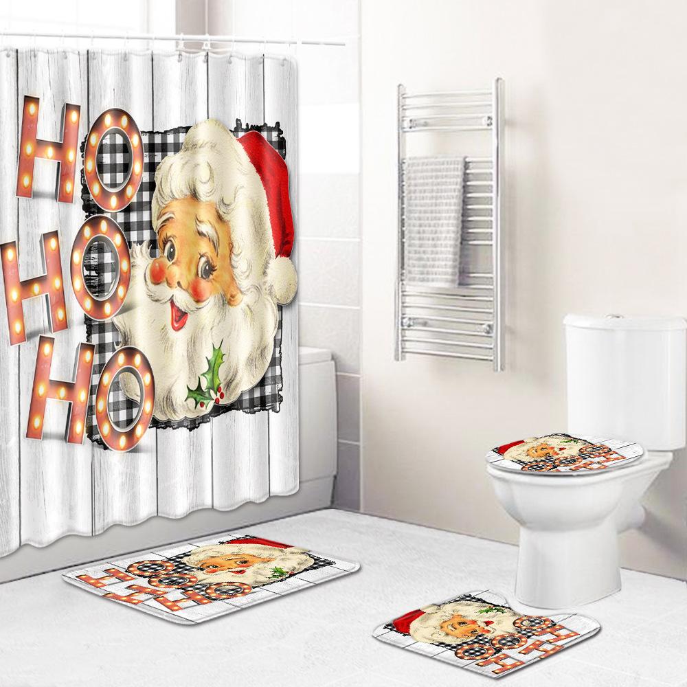 Christmas Shower Curtain Floor Mat Combination Four-Piece Set Bathroom Toilet Carpet Shower Room Mat Foot Mat