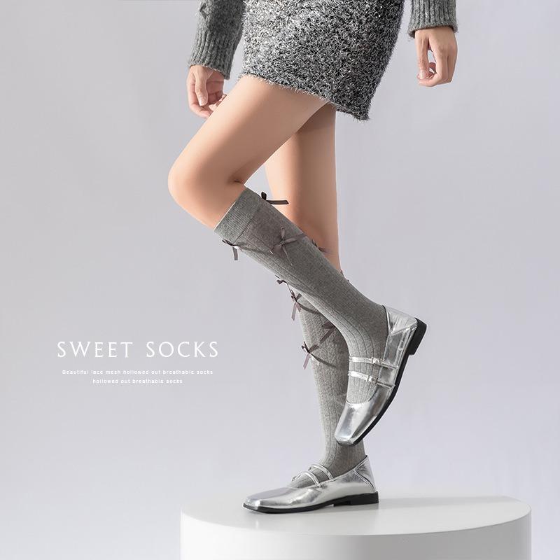 Barrel-style Bow Long Calf Socks for Girls, Lolita Pile Sweet School-style Cotton Socks for Young Girls