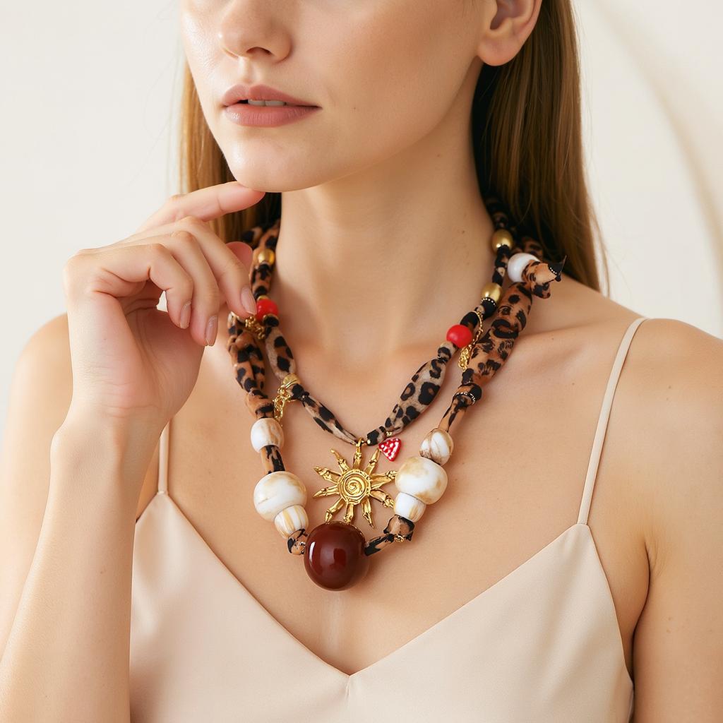 European and American Personality Trends Maillard Leopard Print Exaggerated Geometric Large Transparent Round Bead Pendant Double Layer Stacked
