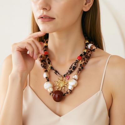 European and American Personality Trends Maillard Leopard Print Exaggerated Geometric Large Transparent Round Bead Pendant Double Layer Stacked