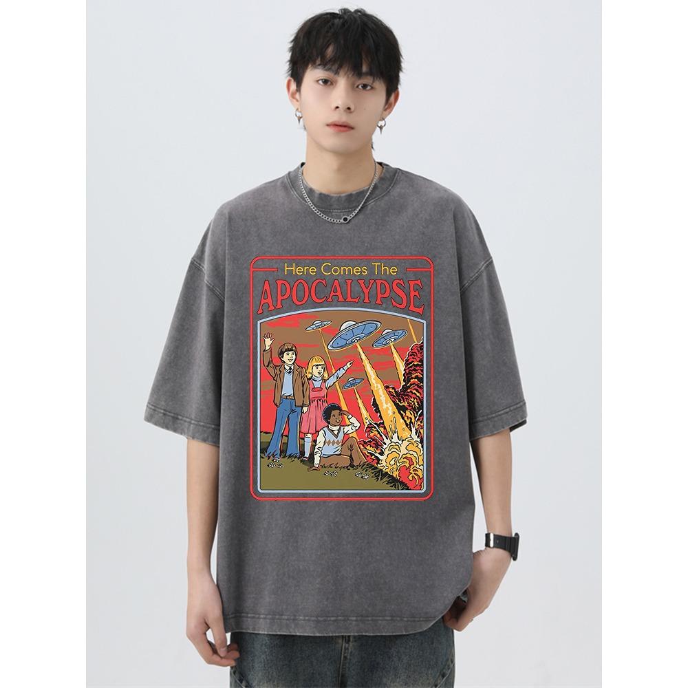 Here Comes The Apocalypse Ufo Washed Retro T-Shirt Men Fashion Cotton Clothes T-Shirts Oversized Street Casual Tops