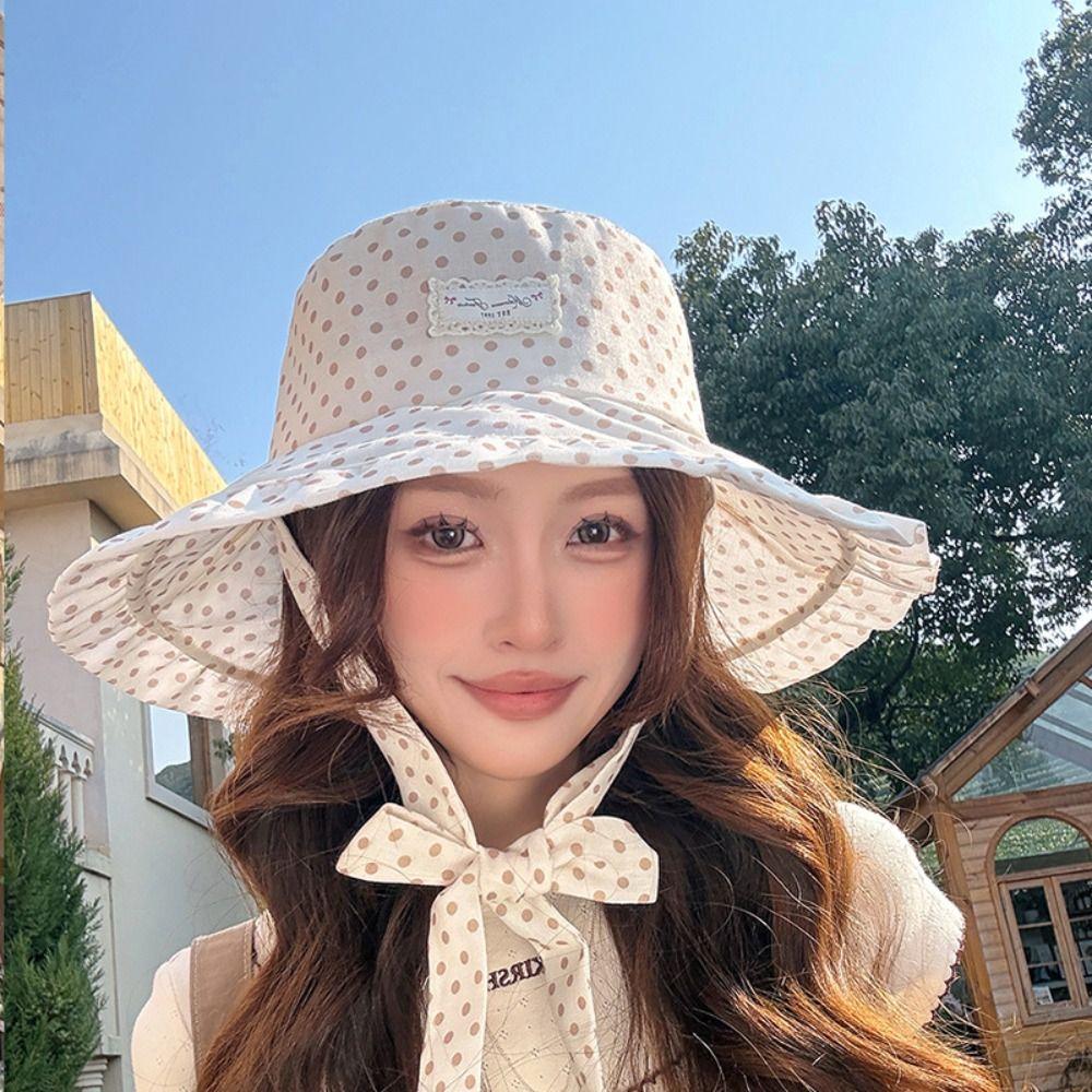 Polka Dot Women Fisherman Hat Ribbon Bucket Hat Casual Sunshade Hat  Summer