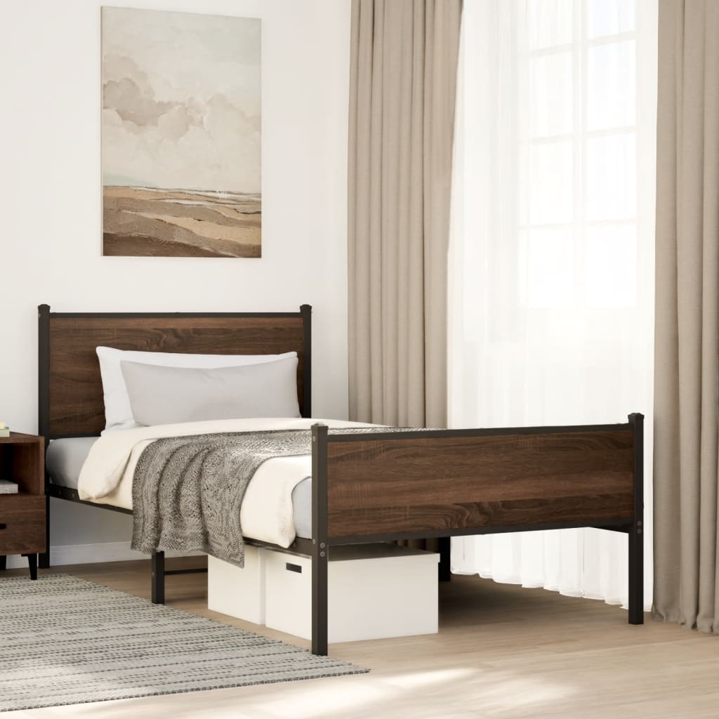 Metal Bed Frame Without Mattress Oak Effect 100 X 190 Cm