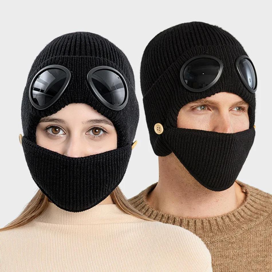 Høst og Vinter Varm Lue Ny Pilotbriller Ørebeskyttelse Pluss Fløyel Varm Ull Strikkelue med Maske