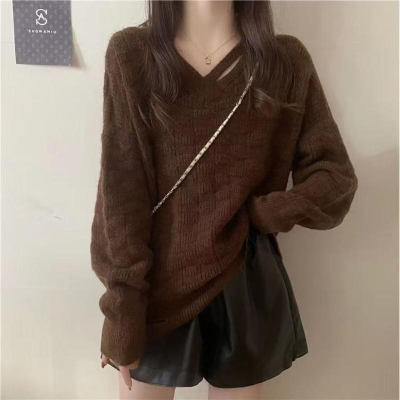 Autumn Winter V-neck Loose Casual Hole Sweater Women Solid Color Simple All-match Irregular Knitting Pullover Top