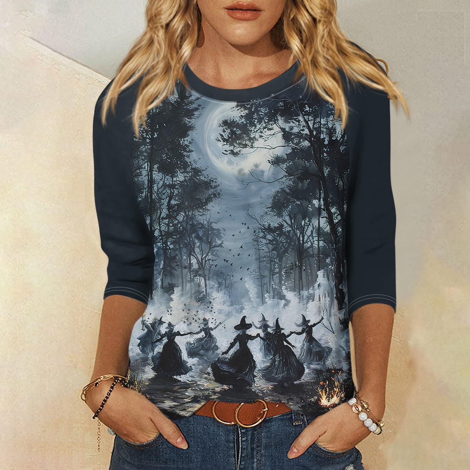 

Shirt For Women s Fashion Casual Raglan Sleeve Round Neck 3/4 Sleeve Loose Halloween Printed T-Shirt Ladies Top M Темно-синій
