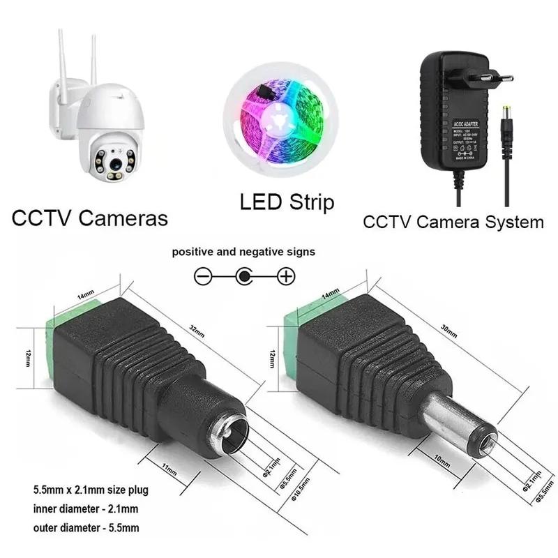 10Pcs DC Male Female Terminals 12V Power Connector 2.1mmX5.5mm Plug Adapter Jacks Sockets for CCTV Cameras Single Color LED Strp