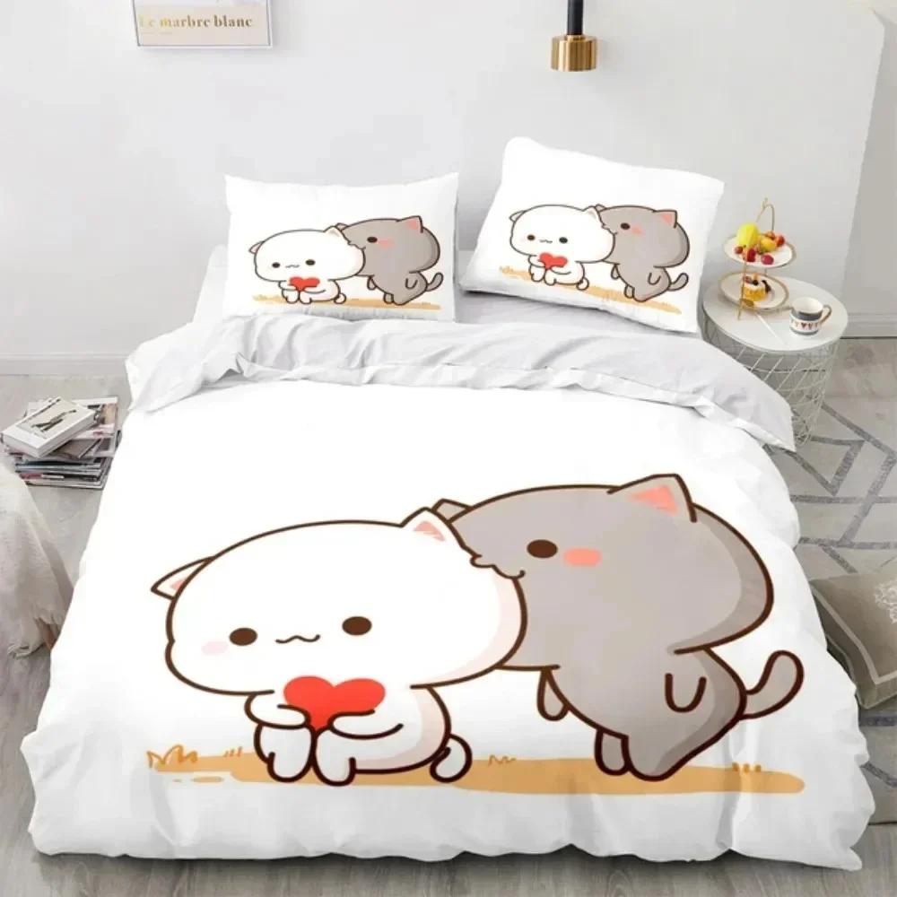 

3D Cartoon Lovely Peach Cat Printed Bed Set Duvet Cover Pillowcase Bedding Set Bed Linen Sheet Quilt Cover Full Queen King Size 135x200cm