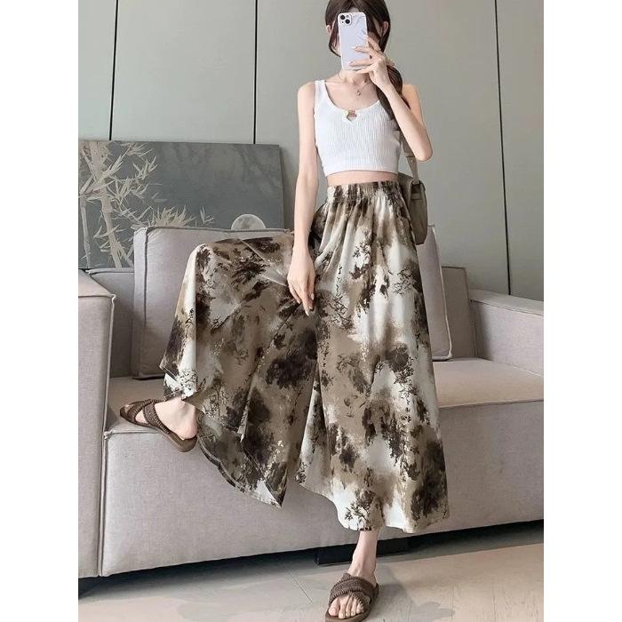 Damen Weitbein Hose Sommer Hohe Taille Tintenbedruckt Lässige Rockhose