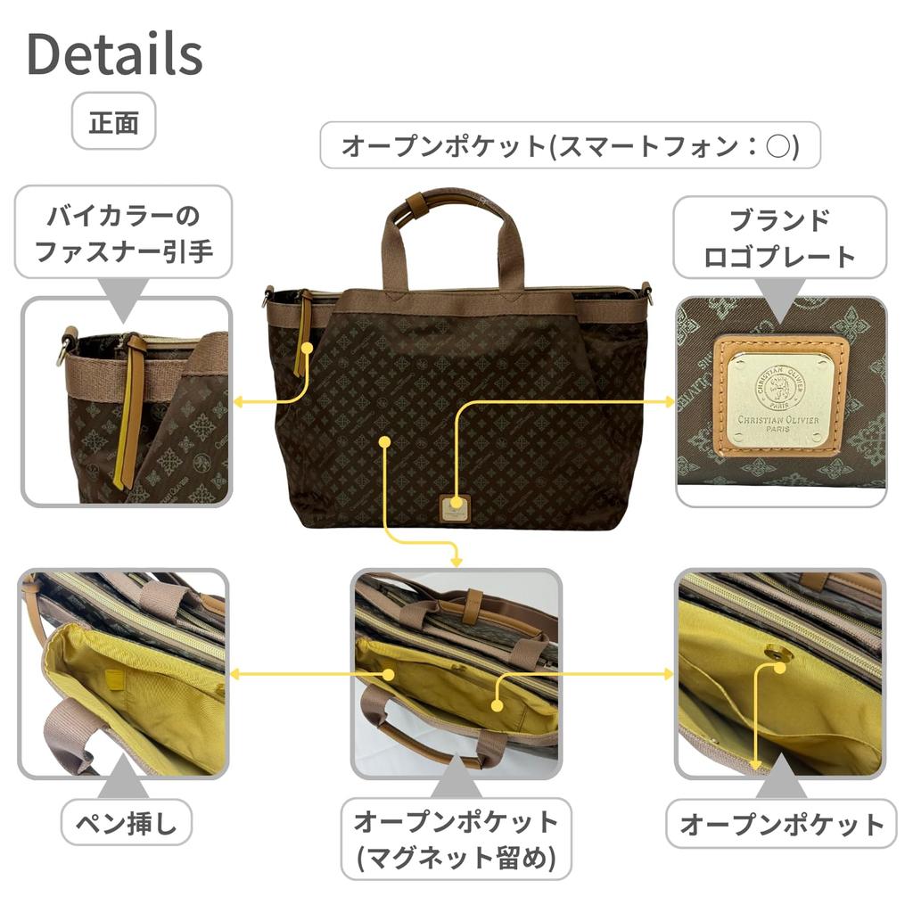 CHRISTIAN OLIVIER Große Tote Bag mit Schultergurt, 7629, Khaki, Monogramm Jacquard-Webart, Wasserabweisend, Leicht, Passt für DIN A4, 2-Wege, Ca.