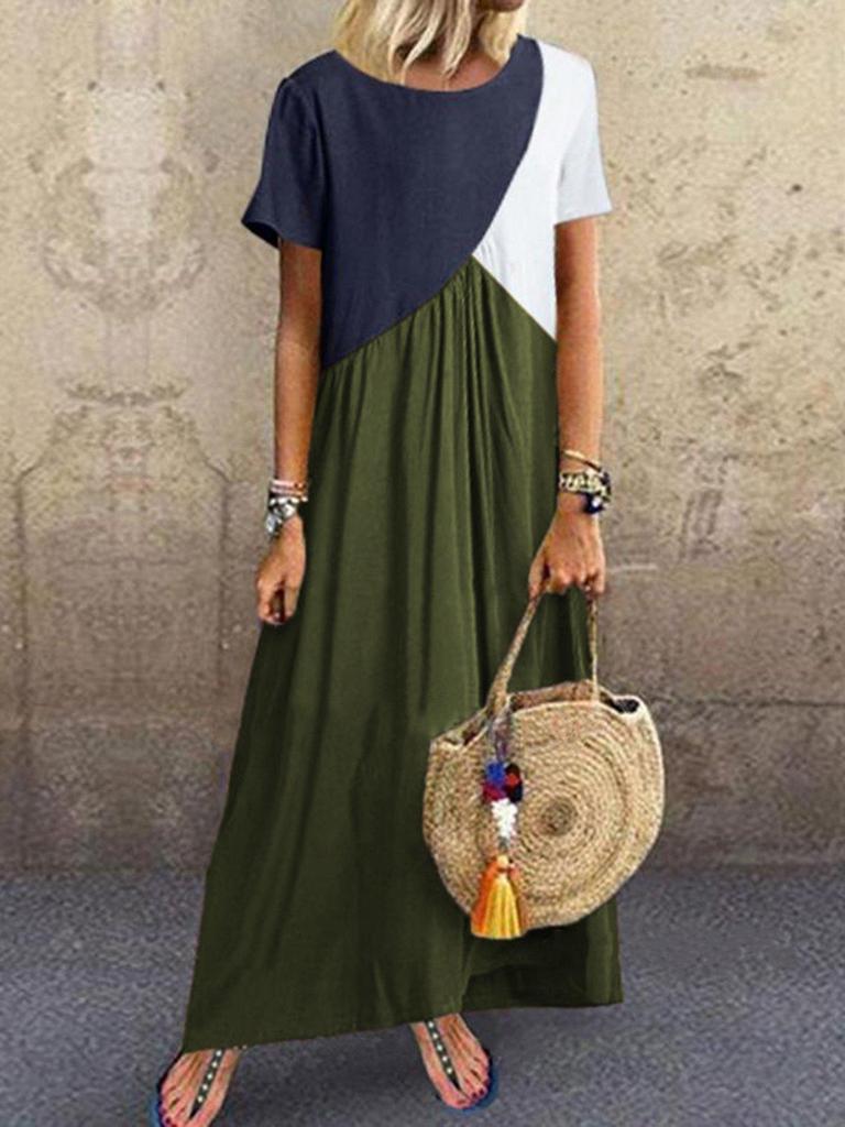 2023 Geometric Color Block Patchwork Long Summer Beach Dress