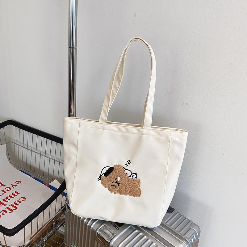 

Women Canvas Tote Purse Lamb Like Fabric Shoulder Bag Bear Embroider Crossbody Handbag Casual Shopper Bag Cute For Girl