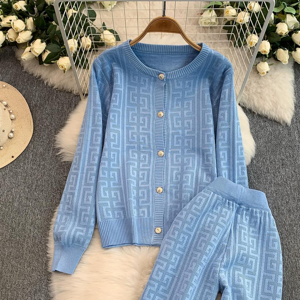 Jesień Zima Damski Designerski Wzorzysty Dzianinowy Sweter Spodnie Dwuczęściowy Zestaw Długi Rękaw Jednorzędowa Kurtka Top i Spodnie z Elastycznym Pasem Dres