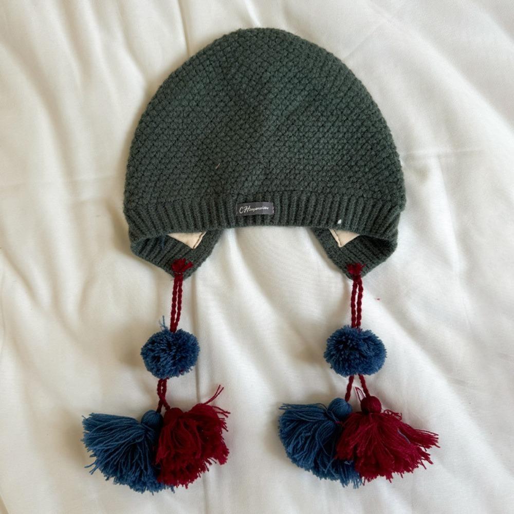 

Корейская детская шапка с кисточками Осень Зима Вязаная шапка для девочек Милая шапка ручной работы крючком Детская 5-12Y зелёный
