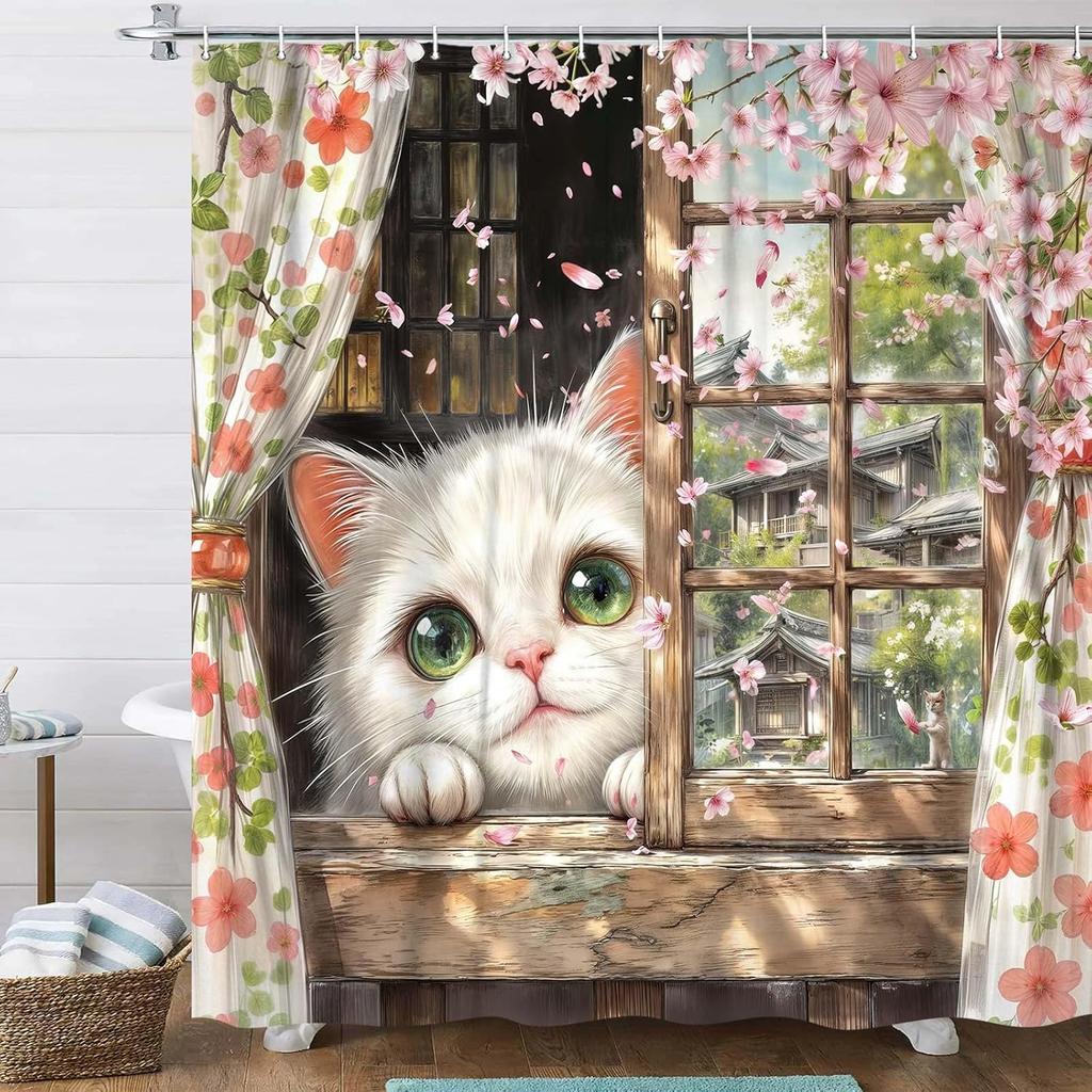 Japanese Cute Cat Shower Curtain Asian Japanese Funny Anime Pink Cherry Blossoms Retro Floral Shower Curtain for Bathroom Decor
