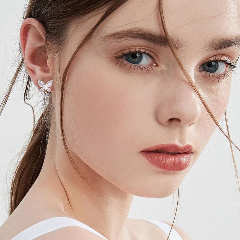 Pink diamond full set butterfly stud earrings dream shining insect design earrings niche gentle girl heart versatile earrings