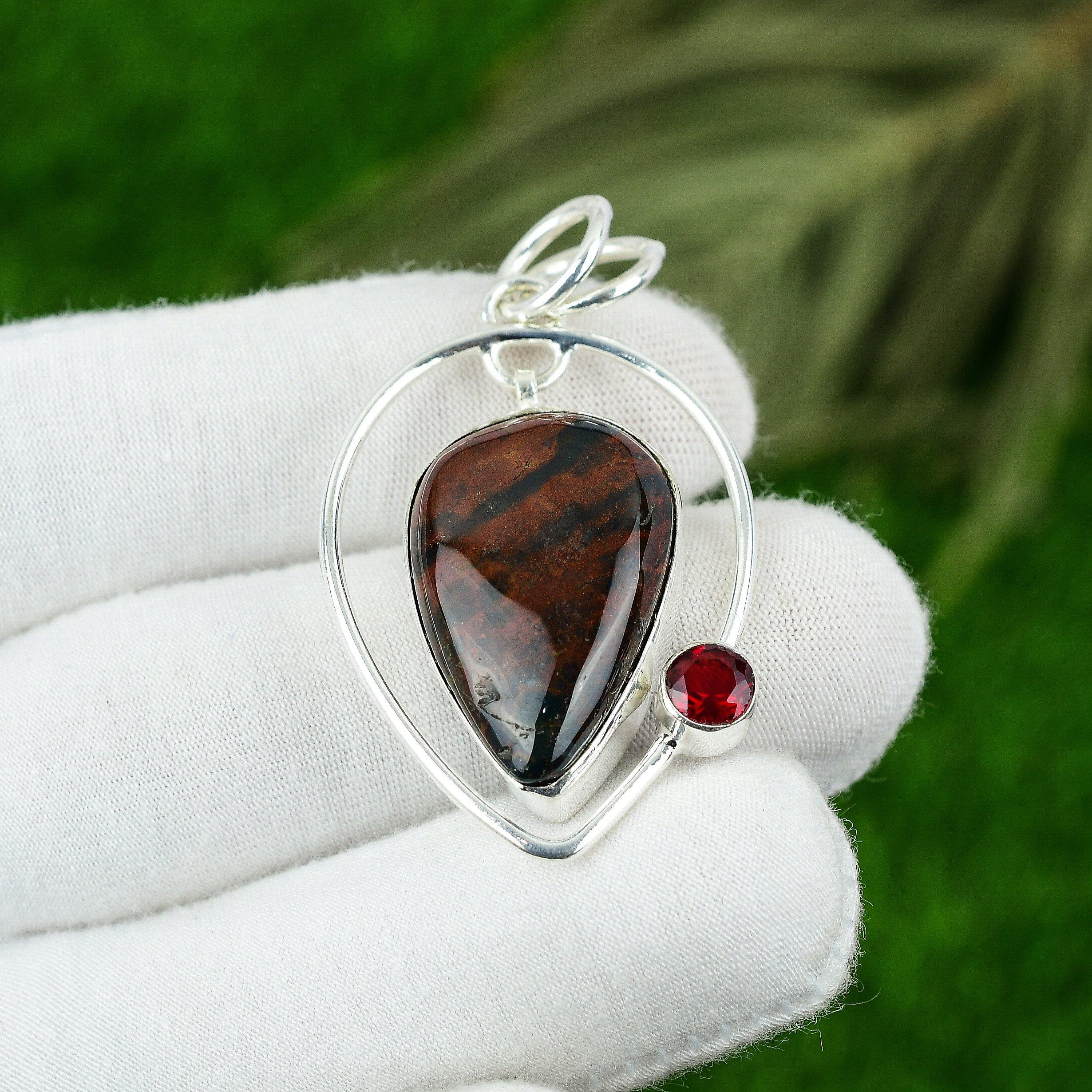 

925 Sterling Silver Bloodstone Stone Rubillite Birthday Artisan Pendant Jewelry