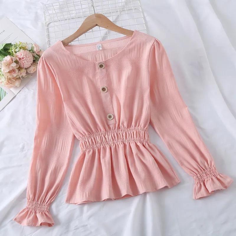 Nipped Waist Ruffled Uzun Kollu Şifon Gömlek Kadın Şifon Bluz Düz Pileli Kloş Kollu Üst Kadın