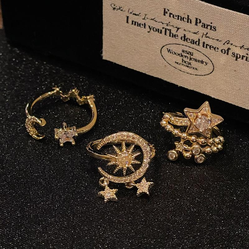 Medieval Small Fragrant Style French Retro Star Full Diamond Tassel Open Ring Niche Design Light Luxury High-End Accessories
