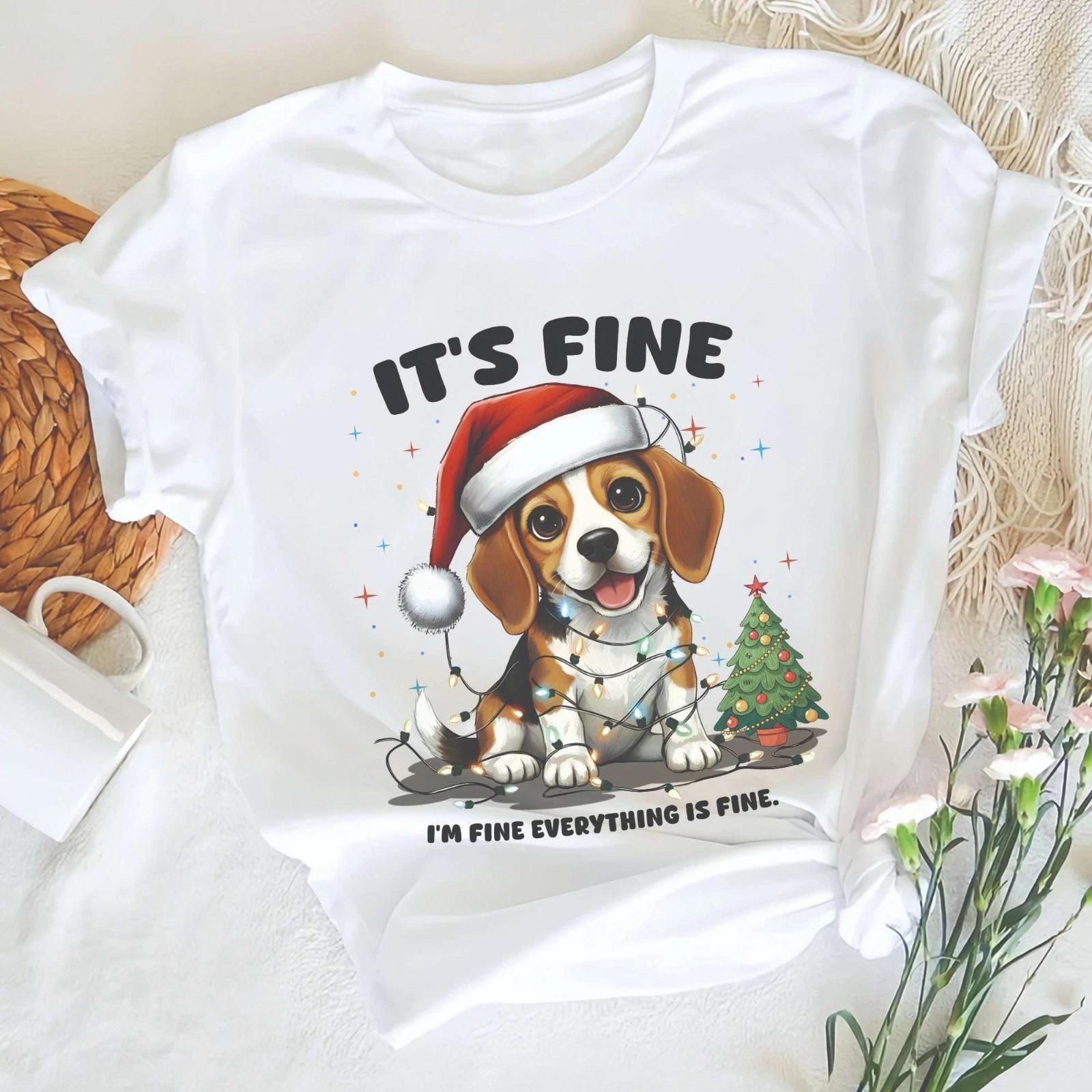 Cute Beagle Dog Santa Hat Christmas Light It s Fine I m Fine Xmas Shirt Gift 3XL