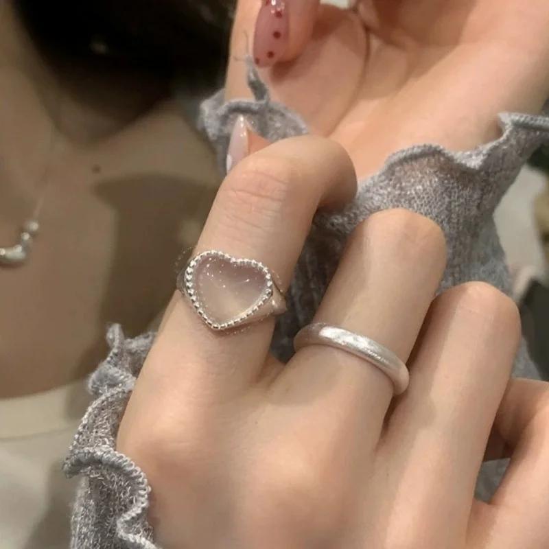 Vintage Silver Color Love Heart Ring for Women Girl Trendy Simple Temperament Sweet Wedding Bride Aesthetic Jewelry Gift