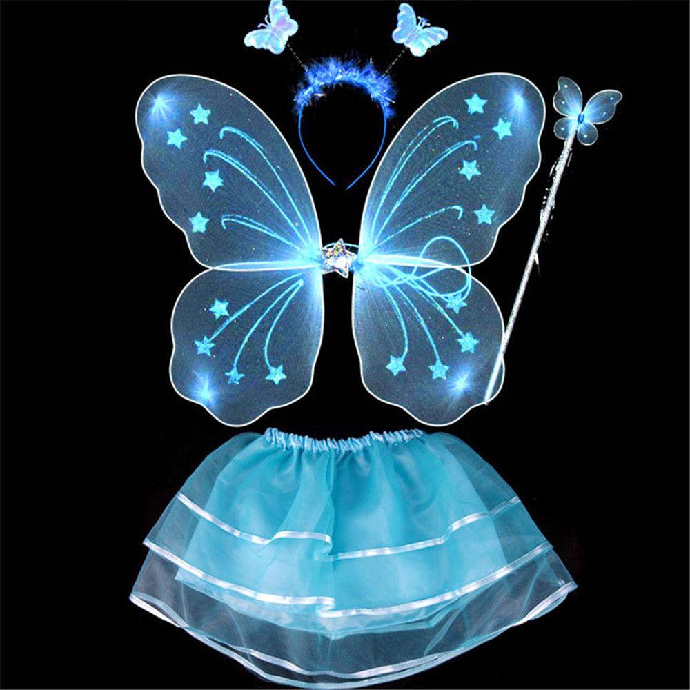 

4Pcs Colorful Kids Girls Fairy Princess Costume Sets Stage Wear Children Angel Butterfly Wings Wand Headband Tutu Skirts синій
