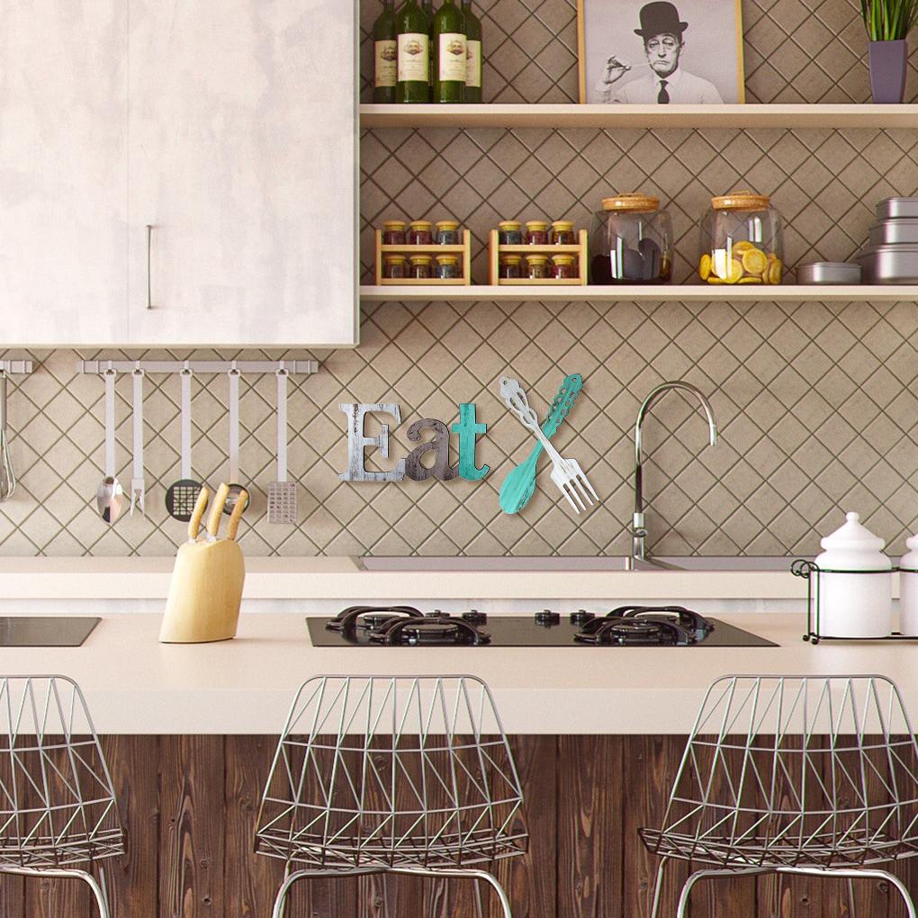 Eat Fork Spoon Sign Set Indoor Wall Rustic Wood Signs Decoration Restaurant Cafe Ornament Housewarming Craft Decorative