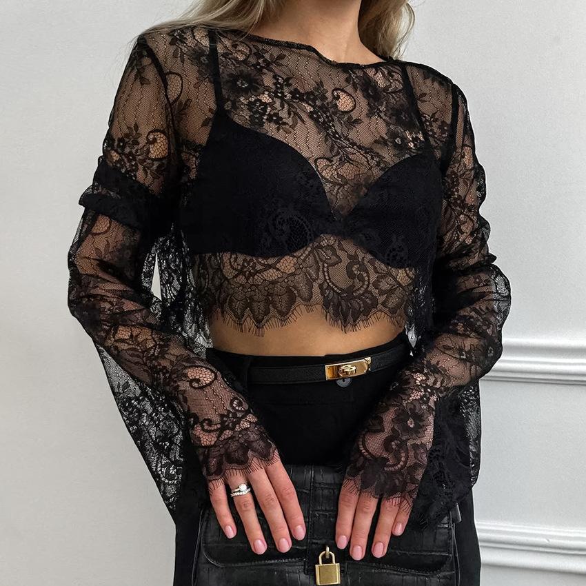European and American women's clothing suit, sexy perspective brocade lace, long-sleeved short top, skirt, fashionable and casual two-piece set