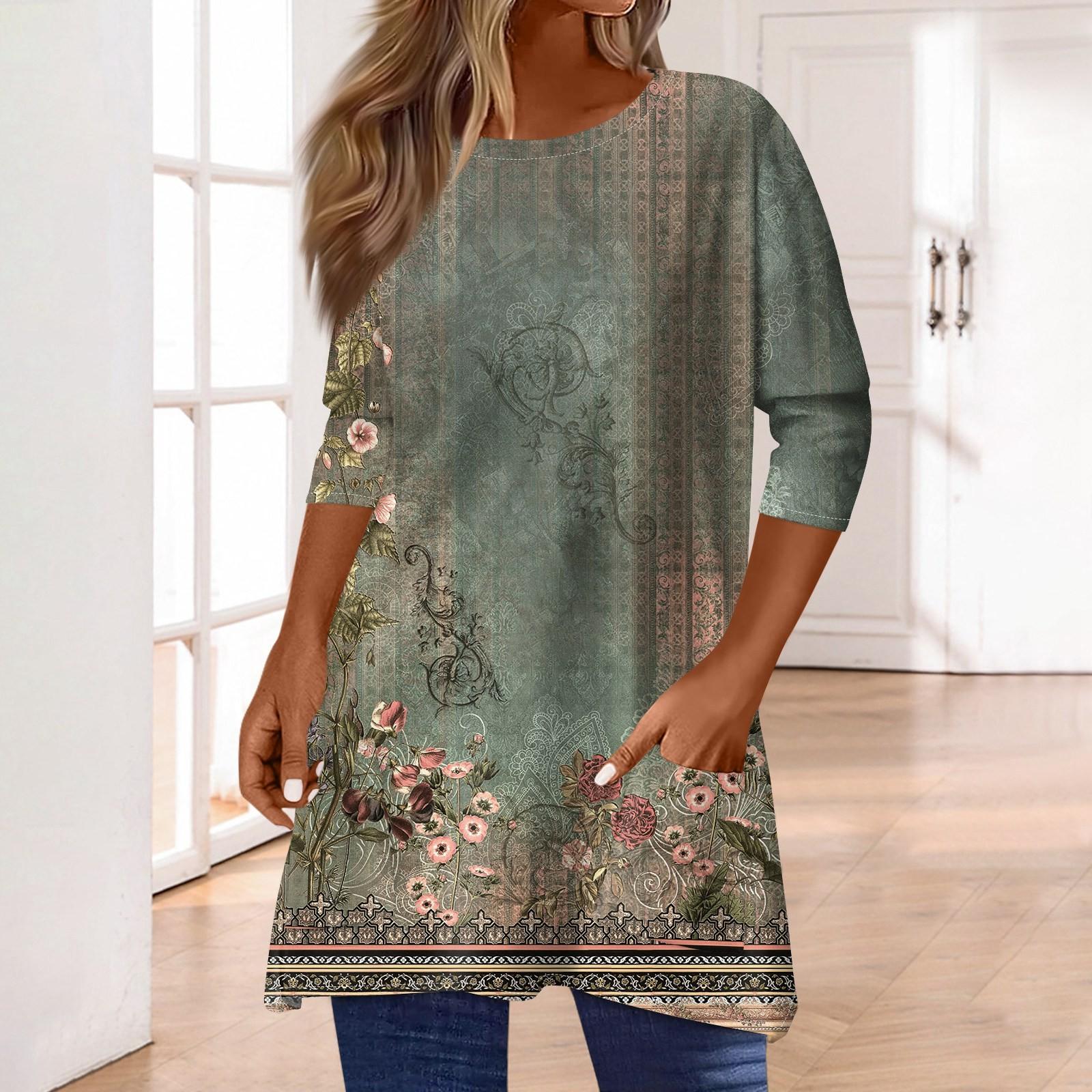 

Топы с рукавами 3/4 для женщин, футболка, повседневные топы с принтом, футболка, пуловер с круглым вырезом, блузка XXXL армия зеленый